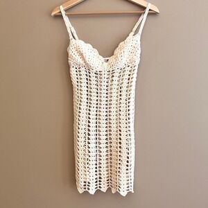 Musera Womens XS Crochet Mini Dress Ivory Cream Boho Open Knit Coverup Festival